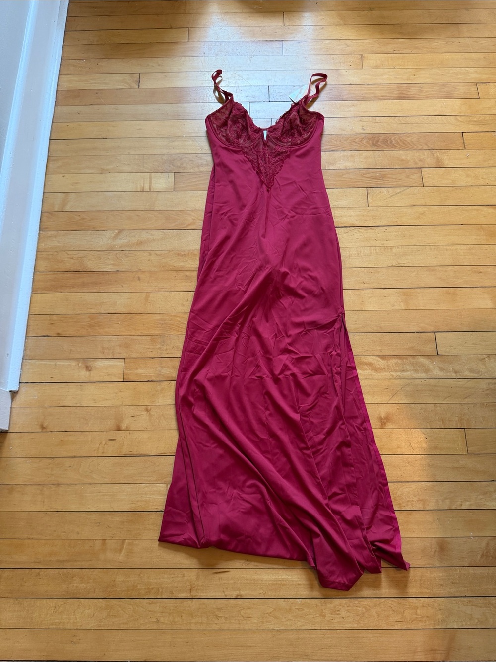 Silky Lace-Trim Burgundy Slip Dress